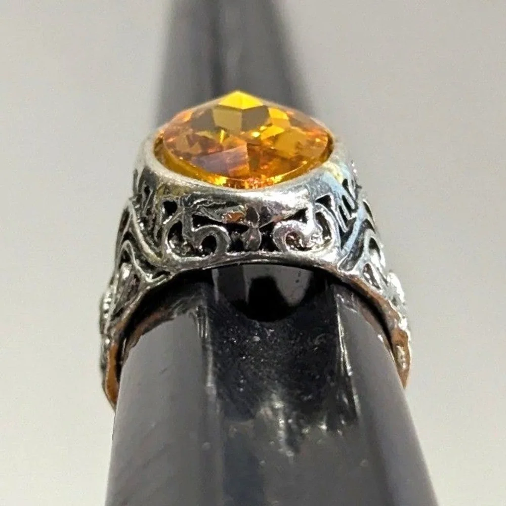 SilverTone Marquise Faceted Yellow Citrine November Statement Ring Plus‎ Size 11